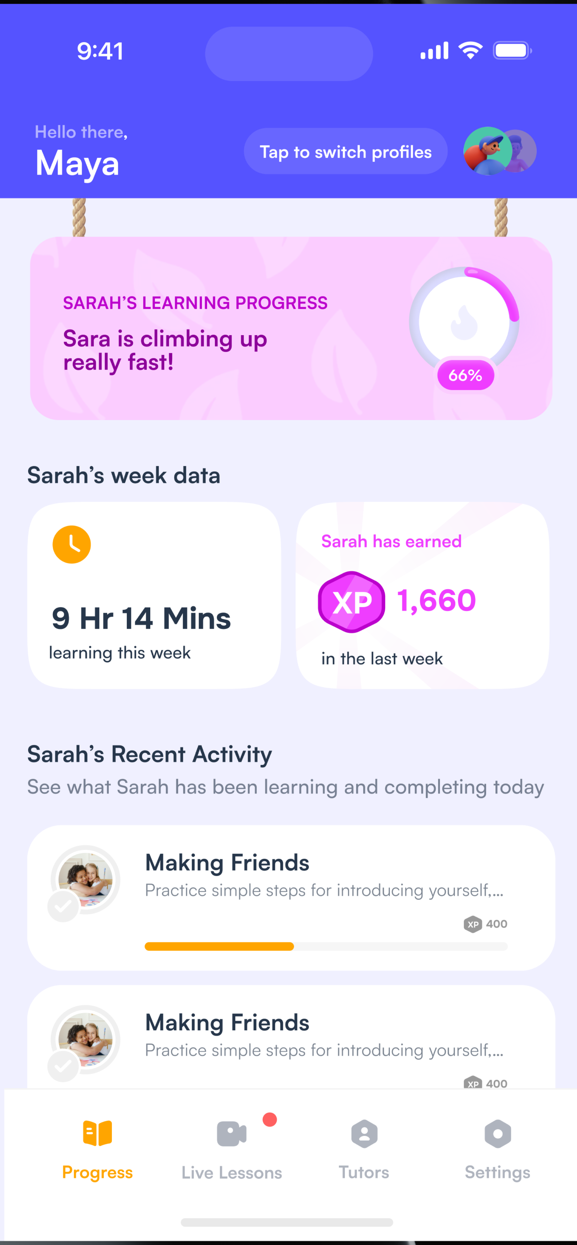 Elowen app - Maya's learning progress